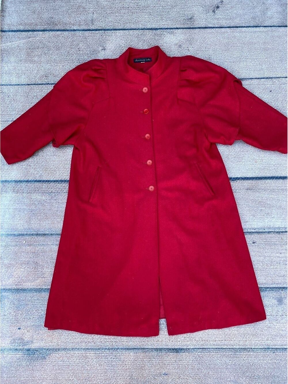 1980's power shoulder cherry red full length wool coat Made in U.S.A. size 26